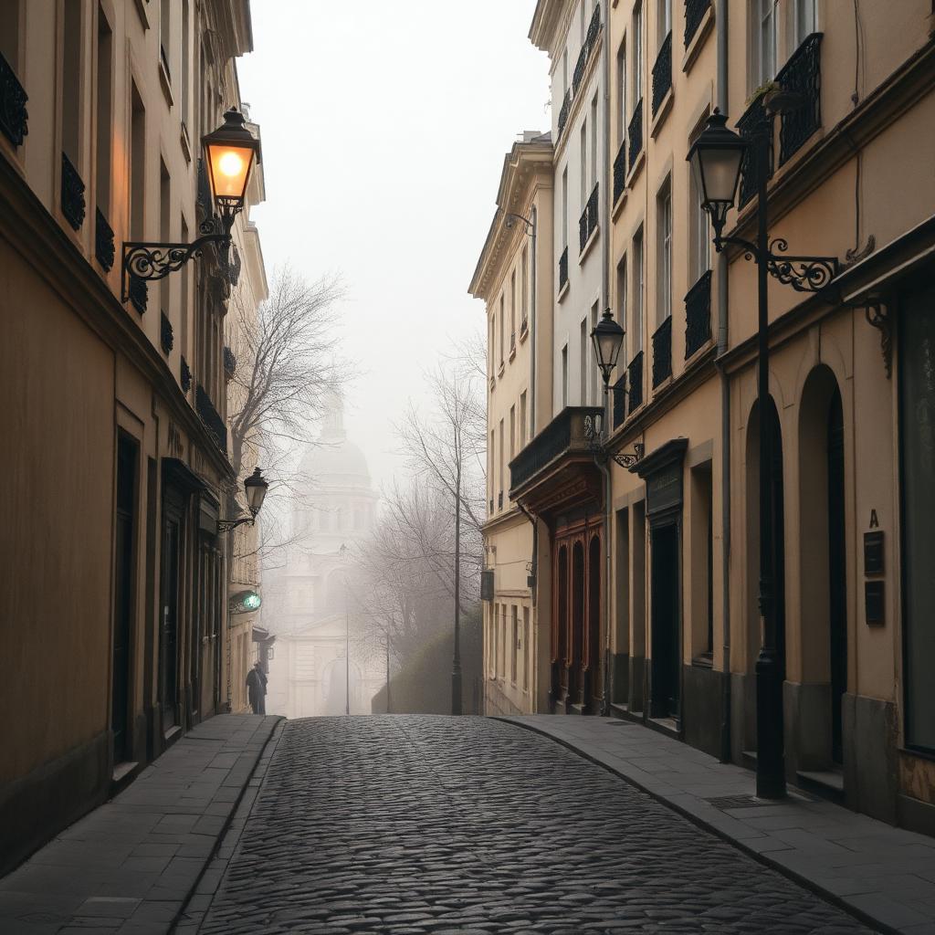 A quiet cobblestone street in Montmartre at early morning with vintage lamp posts and the Sacré-Cœur dome in the misty distance.