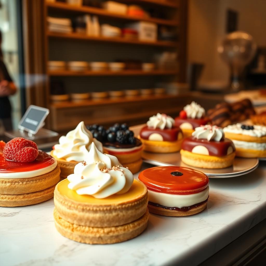 A close-up of French pastries in a Parisian patisserie window with glossy fruit tarts, eclairs and mille-feuille on a cream marble counter.