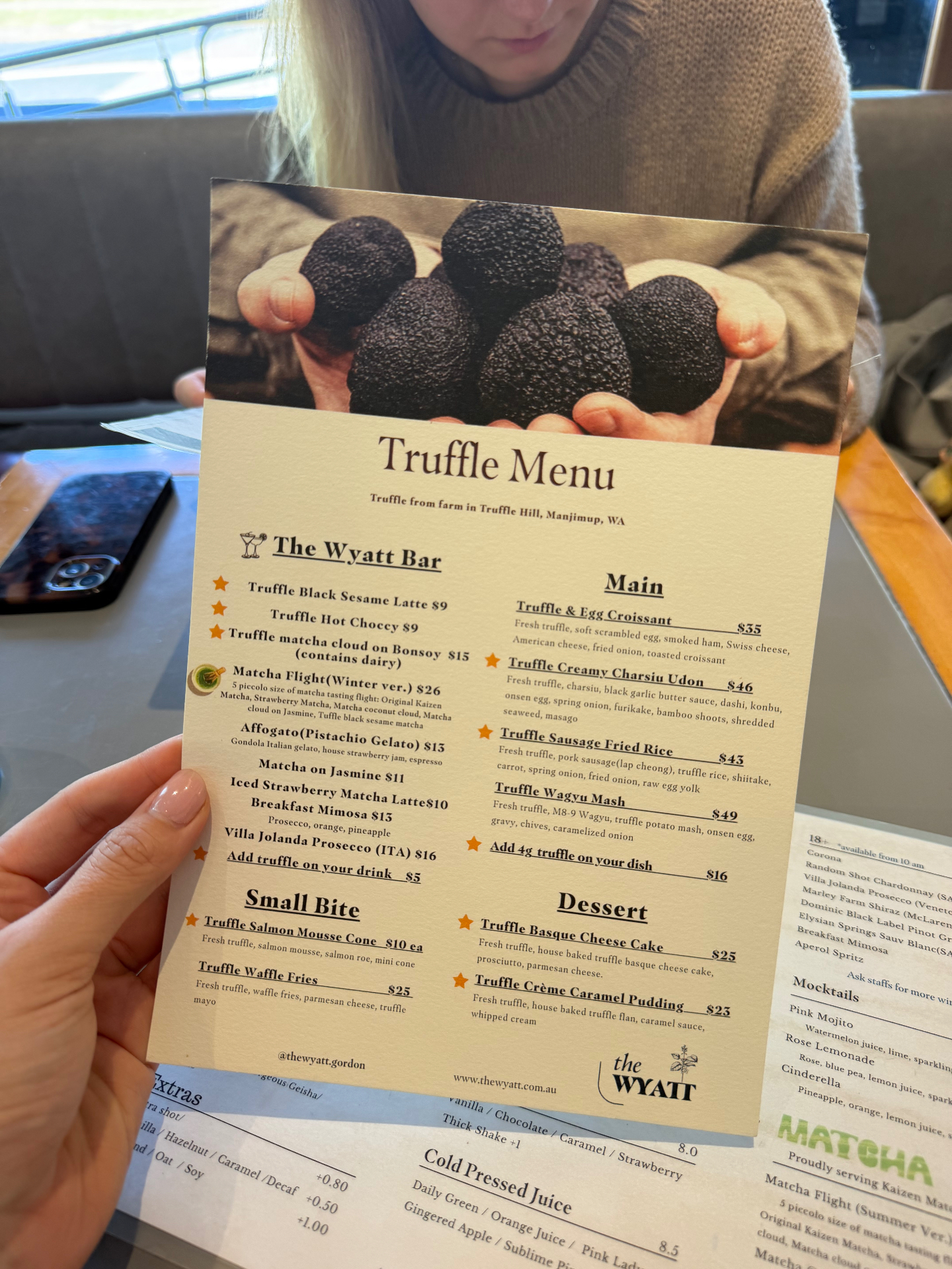 The Wyatt's dedicated Truffle Menu in Gordon, Sydney — featuring black truffle from Truffle Hill in Manjimup, WA across The Wyatt Bar drinks, small bites, mains like Truffle Creamy Charsiu Udon and Truffle Wagyu Mash, and desserts like Truffle Basque Cheese Cake.