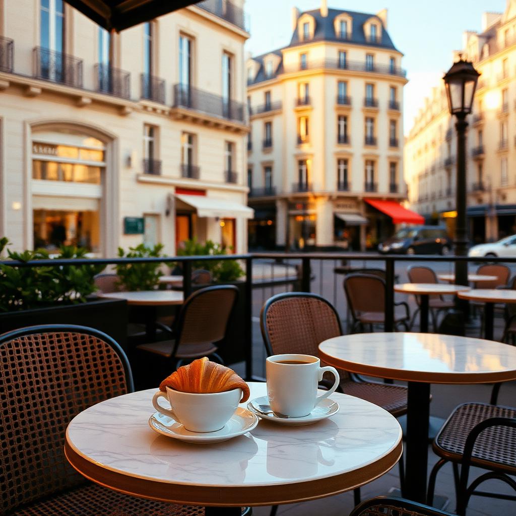 A Parisian café terrace in golden hour with marble bistro tables, an espresso and a croissant in the foreground and Haussmann buildings behind.