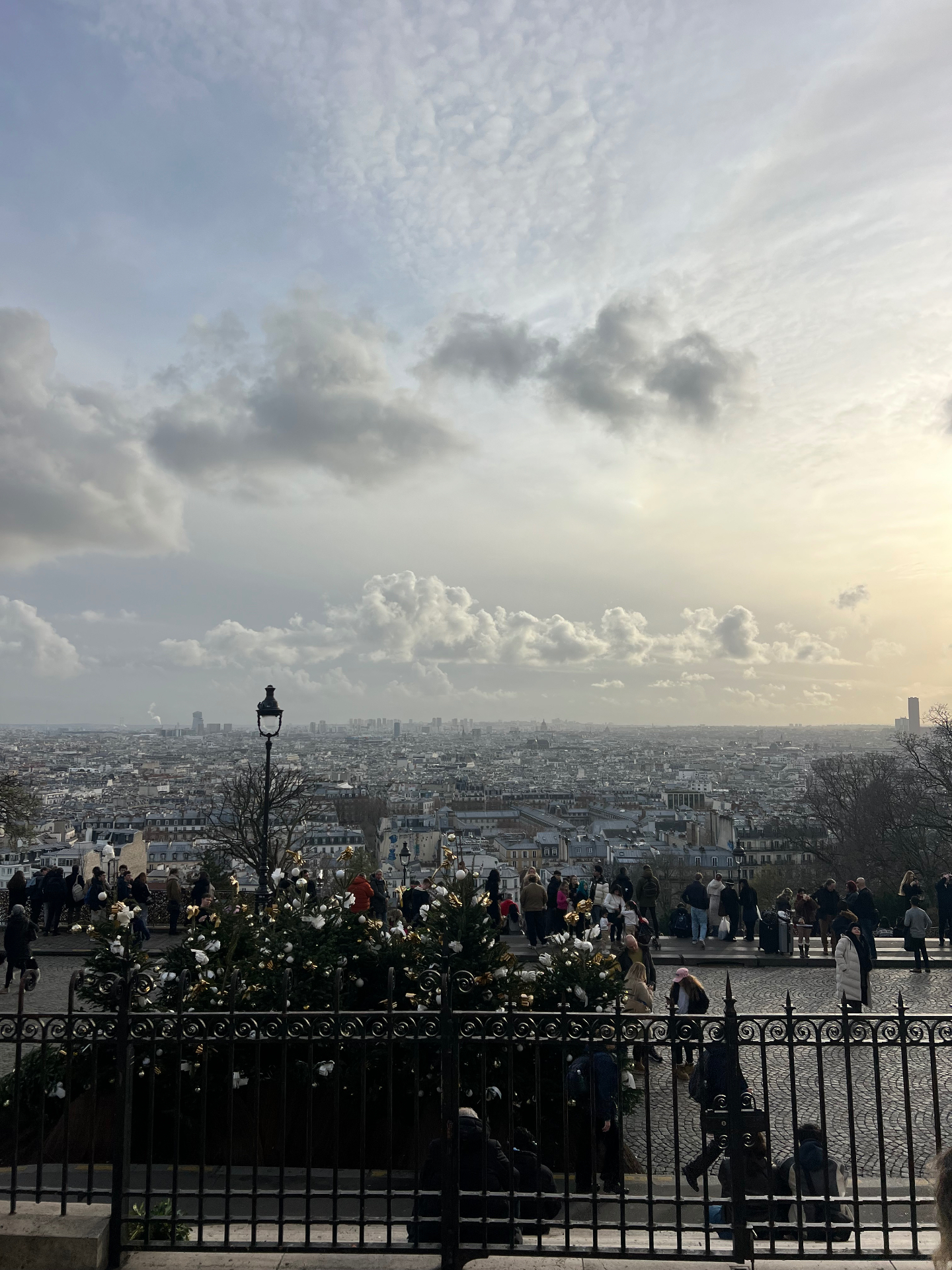 The view over the Paris rooftops from the steps of Sacré-Cœur in Montmartre, with a decorated Christmas tree and iron railings in the foreground.